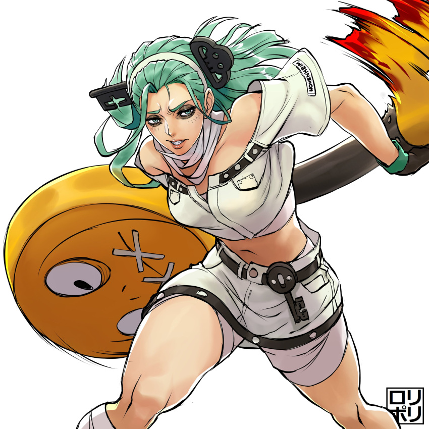 1girl a.b.a absurdres bags_under_eyes bandages green_eyes green_hair guilty_gear guilty_gear_strive hairband highres jamrolypoly key key_in_head long_hair looking_at_viewer object_through_head short_sleeves skirt stitched_mouth stitches white_hairband white_skirt