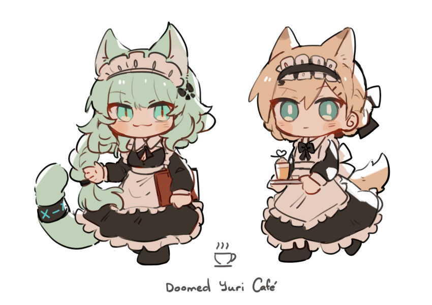 2girls :3 animal_ear_fluff animal_ears apron arknights black_bow black_dress blonde_hair blush_stickers bow character_request chibi closed_mouth commentary dress english_commentary english_text frilled_apron frills green_eyes green_hair hair_between_eyes harmonie_(arknights) highres holding holding_tray long_sleeves maid maid_apron maid_headdress multiple_girls puffy_long_sleeves puffy_sleeves reiya_(yukeewoof) simple_background slit_pupils tail tray white_apron white_background