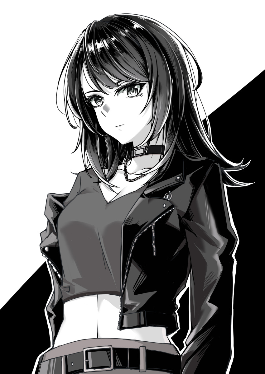 1girl absurdres bang_dream! bang_dream!_it's_mygo!!!!! belt chain_necklace chinese_commentary choker closed_mouth commentary_request expressionless greyscale highres jacket jewelry long_sleeves medium_hair midriff monochrome necklace off_shoulder shirt solo two-tone_background upper_body yahata_umiri yuko_(user_uuju2584)