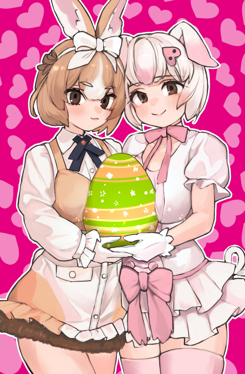 2girls :3 a888_n22 animal_ears blue_bow blue_bowtie blush bow bowtie brown_bow brown_dress brown_eyes brown_fur collared_shirt cowboy_shot domestic_rabbit_(kemono_friends) dress easter_egg egg frilled_dress frilled_sleeves frills from_side fur_trim gloves hair_between_eyes hair_bow heart highres kemono_friends light_brown_hair looking_at_viewer multicolored_hair multiple_girls pig_(kemono_friends) pig_ears pig_girl pig_nose pig_tail pink_bow pink_bowtie pink_hair pink_thighhighs pleated_skirt puffy_short_sleeves puffy_sleeves rabbit_ears rabbit_girl rabbit_tail shirt short_hair short_sleeves skirt smile tail thigh-highs two-tone_dress two-tone_hair white_bow white_dress white_gloves white_hair white_shirt white_skirt zettai_ryouiki