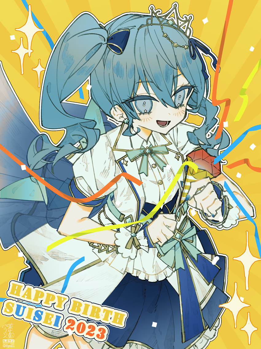 1girl 2023 3pel1 :d alternate_costume artist_name back_bow blue_bow blue_eyes blue_hair blue_nails blue_ribbon blue_skirt bow bowtie character_name confetti corset double-parted_bangs english_text frilled_skirt frills gradient_nails green_bow green_bowtie hair_between_eyes hair_bow hair_ribbon happy_birthday highres hololive hololive_idol_uniform_(bright) hoshimachi_suisei jacket large_bow layered_skirt lower_teeth_only medium_hair miniskirt official_alternate_costume open_mouth outline overskirt puffy_short_sleeves puffy_sleeves ribbon sash shirt short_sleeves side_ponytail sidelocks signature skirt smile solo streamers teeth tiara tongue twitter_username two-sided_fabric two-sided_skirt underbust virtual_youtuber waist_bow white_jacket white_outline white_shirt white_skirt wrist_cuffs yellow_background