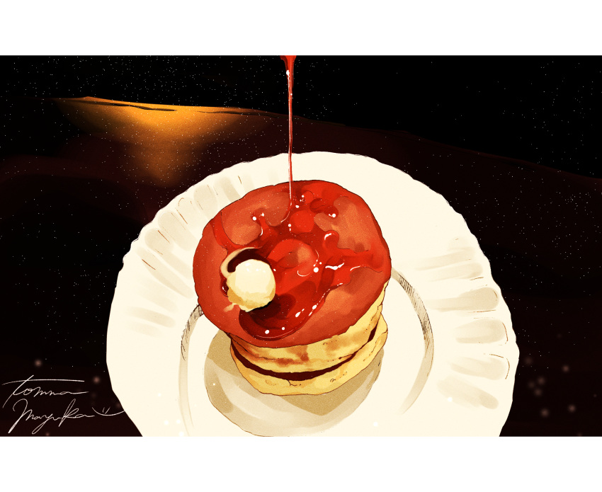 artist_name butter food food_focus highres maple_syrup no_humans original pancake pancake_stack plate signature syrup tomma_mayuka
