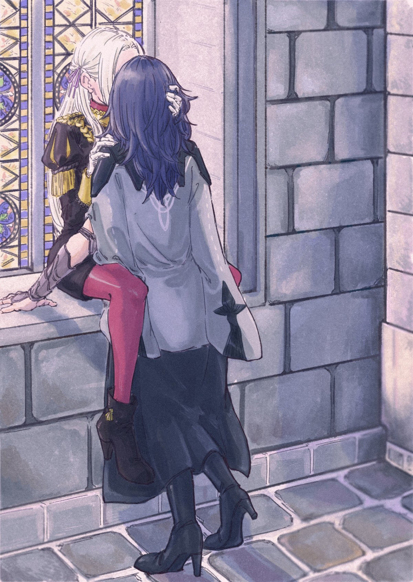2girls black_footwear black_jacket black_shorts black_skirt byleth_(female)_(fire_emblem) byleth_(fire_emblem) coat coat_on_shoulders commentary edelgard_von_hresvelg epaulettes fire_emblem fire_emblem:_three_houses full_body gloves grey_coat hair_ribbon hand_in_another's_hair hand_on_another's_shoulder high_heels highres ichi27ichi indoors jacket juliet_sleeves kiss long_hair long_sleeves multiple_girls pantyhose pink_pantyhose puffy_sleeves purple_hair purple_ribbon ribbon shorts sitting skirt stained_glass symbol-only_commentary white_gloves white_hair yuri