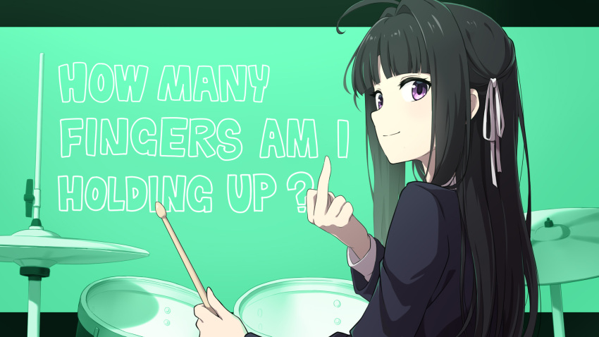 1girl ahoge awa_subaru black_hair black_jacket closed_mouth commentary_request drum drum_set drumsticks english_text girls_band_cry green_background hair_intakes hair_ribbon highres holding holding_drumsticks instrument jacket laofuzi_dai_bansho long_hair long_sleeves middle_finger monochrome_background ribbon shirt sidelocks solo upper_body violet_eyes white_ribbon white_shirt