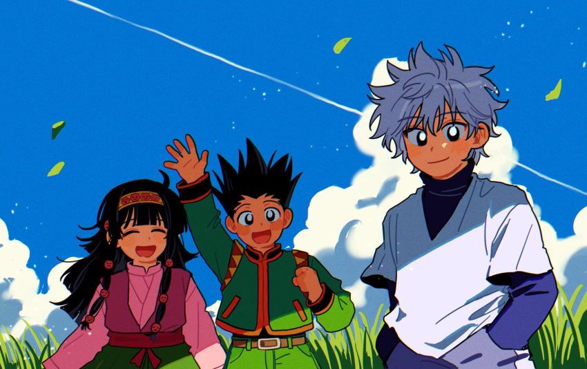 2hyu_00 3boys alluka_zoldyck arm_up black_hair blue_sky blush closed_eyes clouds day gon_freecss grass green_jacket grey_hair hands_in_pockets headband highres hunter_x_hunter jacket japanese_clothes killua_zoldyck leaf long_hair long_sleeves looking_at_viewer male_focus multi-tied_hair multiple_boys open_mouth otoko_no_ko outdoors shorts sky spiky_hair