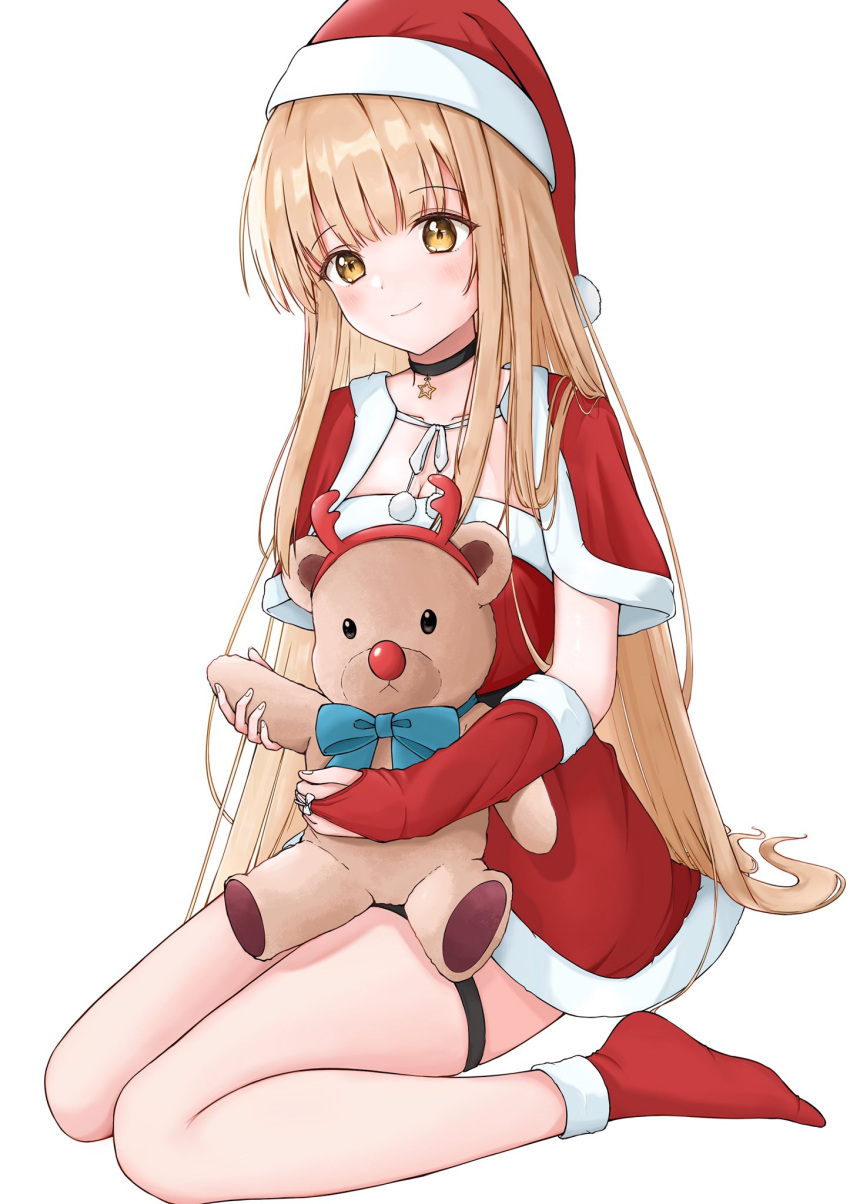 1girl antlers blonde_hair blue_bow blush boots bow bowtie breasts christmas closed_mouth doll dress full_body gloves hat highres horns light_brown_hair long_hair looking_at_viewer medium_breasts nose red_bow red_bowtie red_gloves red_hat red_nose red_shirt red_skirt red_socks santa_boots santa_costume santa_dress santa_hat shirt simple_background sitting skirt smile socks solo star_(symbol) stuffed_animal stuffed_toy teddy_bear white_background yellow_eyes