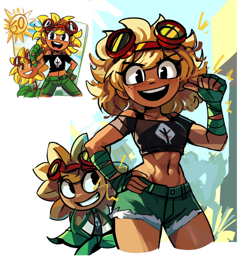 blonde_hair green_gloves green_shorts humanization open_mouth orange_skin peargor plant red_goggles smiling solar_flare_(plants_vs_zombies_heroes) thighs tomboy