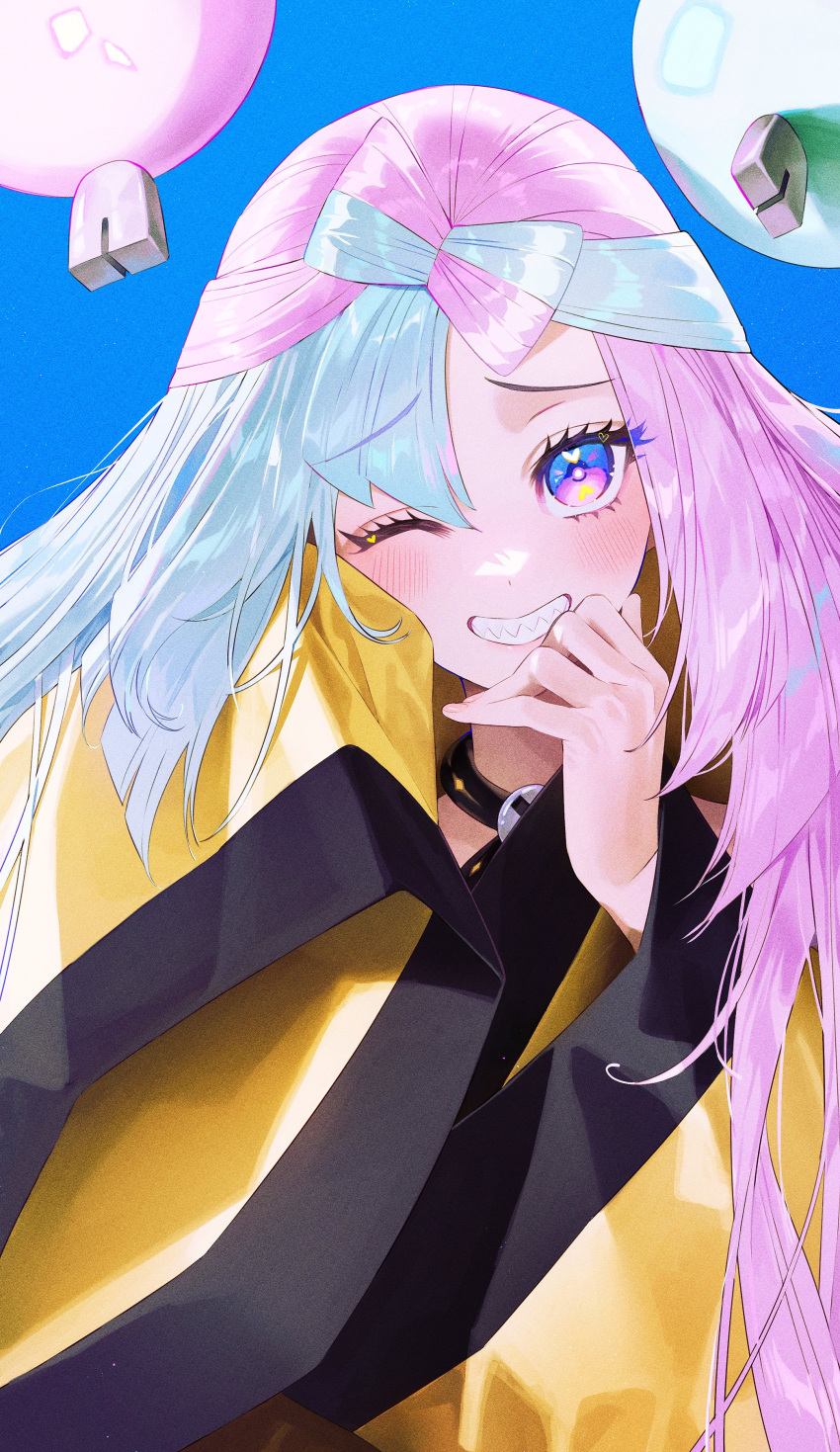 1girl 987645321o absurdres blue_background blue_hair blush bow-shaped_hair commentary eyelashes heart heart_in_eye highres iono_(pokemon) jacket long_hair multicolored_hair one_eye_closed pink_hair pokemon pokemon_sv sharp_teeth simple_background sleeves_past_fingers sleeves_past_wrists smile solo split-color_hair symbol_in_eye teeth two-tone_hair upper_body yellow_jacket