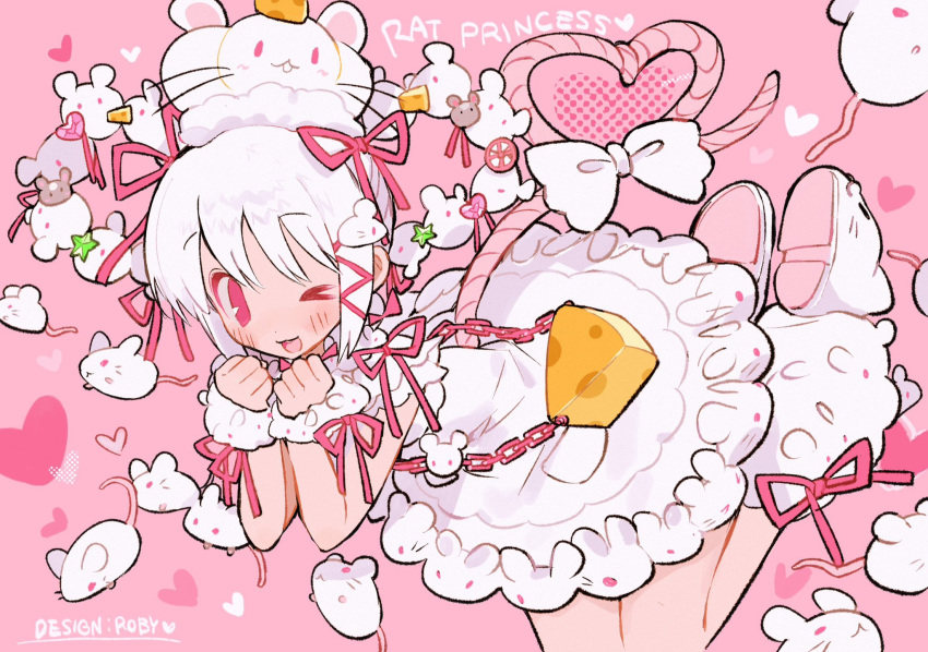 1girl :3 animal_on_head bag blush bow cheese dress english_text food hair_bow hair_ornament hairclip handbag heart highres leg_warmers mouse mouse_girl mouse_tail multiple_hair_bows on_head one_eye_closed open_mouth original pink_background pink_eyes pink_ribbon ribbon shoes short_hair solo soreeyu_(sore-yu) tail tail_bow tail_ornament white_bow white_dress white_footwear white_hair white_leg_warmers