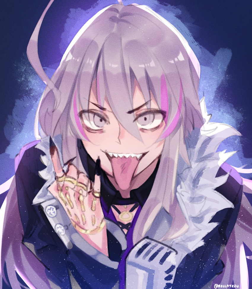 1girl \m/ absurdres ahoge black_nails coat deccatezu english_commentary fingernails grey_eyes grey_hair happy_birthday highres hoshi_syoko huge_ahoge idolmaster idolmaster_cinderella_girls jewelry long_hair multicolored_hair sharp_fingernails sharp_teeth teeth tongue tongue_out two-tone_hair