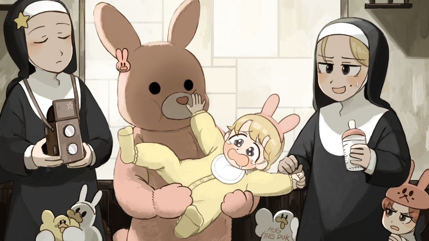 5girls aged_down animal_costume animal_ears baby_bottle bird blonde_hair blue_eyes bottle brown_eyes brown_hair bunny_nun_(diva) camera chicken closed_eyes clumsy_nun_(diva) commentary crying crying_with_eyes_open diva_(hyxpk) duck english_commentary fake_animal_ears habit highres holding hungry_nun_(diva) little_nuns_(diva) mole mole_on_cheek multiple_girls nun rabbit_costume rabbit_ears scared star_nun_(diva) star_ornament strict_nun_(diva) tears traditional_nun