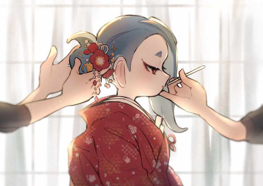 1girl absurdres applying_makeup asymmetrical_hair blue_hair commentary_request flower from_side hair_bun hair_flower hair_ornament highres indoors japanese_clothes kimono lipstick long_hair looking_down makeup octoling po red_eyes red_lips shiver_(splatoon) short_eyebrows single_hair_bun solo_focus splatoon_(series) tentacle_hair tying_another's_hair upper_body window yellow_pupils