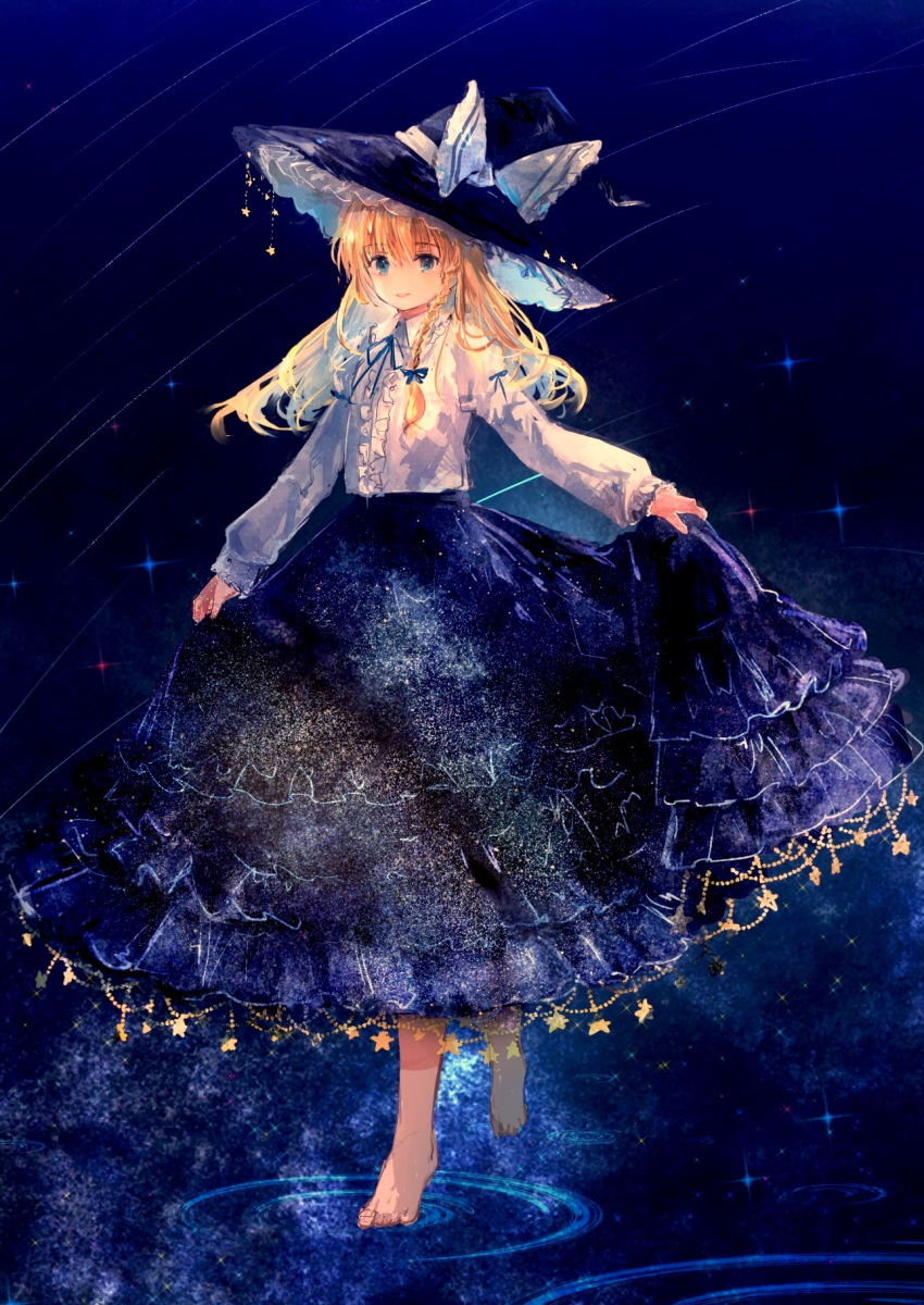1girl bad_id bad_pixiv_id barefoot blonde_hair blue_eyes blue_ribbon braid closed_mouth commentary english_commentary full_body hat highres kirisame_marisa long_hair long_sleeves looking_at_viewer mom_bolo neck_ribbon non-web_source print_skirt ribbon ripples shirt single_braid skirt skirt_hold smile solo star_(sky) star_(symbol) star_print starry_background touhou walking white_shirt witch_hat