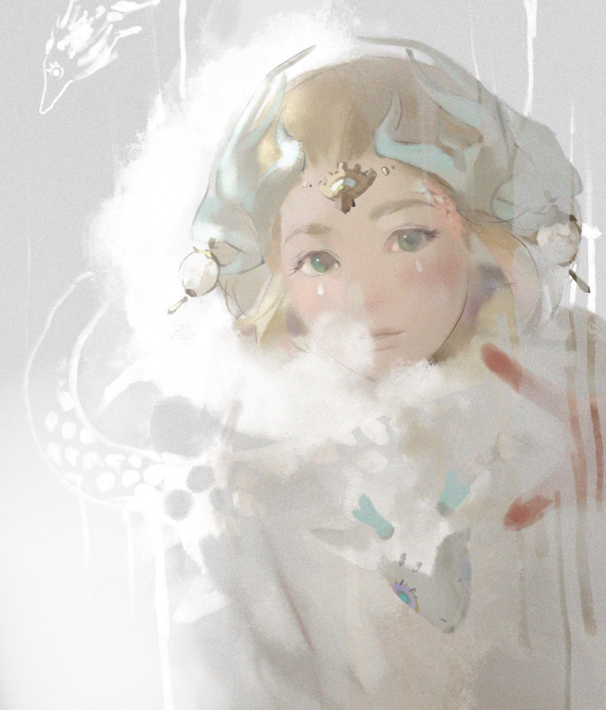 1girl aizheajsee blonde_hair breath coat dragon eastern_dragon forehead_jewel fur_trim green_eyes grey_background headpiece highres index_finger_raised looking_at_viewer parted_lips princess_zelda short_hair solo the_legend_of_zelda the_legend_of_zelda:_tears_of_the_kingdom upper_body