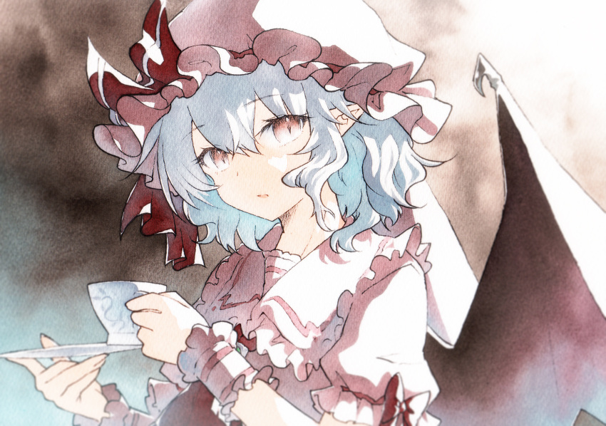 1girl bat_wings blue_hair collared_shirt cup frilled_shirt_collar frilled_sleeves frilled_wrist_cuffs frills hat hat_ribbon highres holding holding_cup holding_saucer looking_at_viewer medium_hair mob_cap open_mouth pink_hat pink_shirt pointy_ears puffy_short_sleeves puffy_sleeves qqqrinkappp red_ribbon remilia_scarlet ribbon saucer shirt short_sleeves solo teacup touhou traditional_media upper_body wings wrist_cuffs