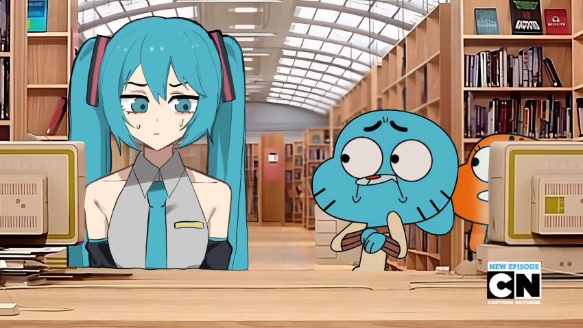 1girl bare_shoulders black_sleeves blue_necktie closed_mouth collared_shirt darwin_watterson detached_sleeves grey_shirt gumball_watterson hatsune_miku highres long_sleeves looking_to_the_side mykokampfwagen necktie screenshot_background shirt solo sweat the_amazing_world_of_gumball vocaloid