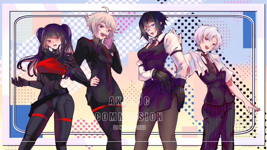 4girls absurdres ahoge akaruc android ariane_yeong black_hair blue_eyes blush cosplay costume_switch cyberpunk elster_(signalis) highres joints metal_skin multiple_girls necktie pantyhose red_eyes robot_girl robot_joints science_fiction signalis smile suit twintails uniform va-11_hall-a white_hair