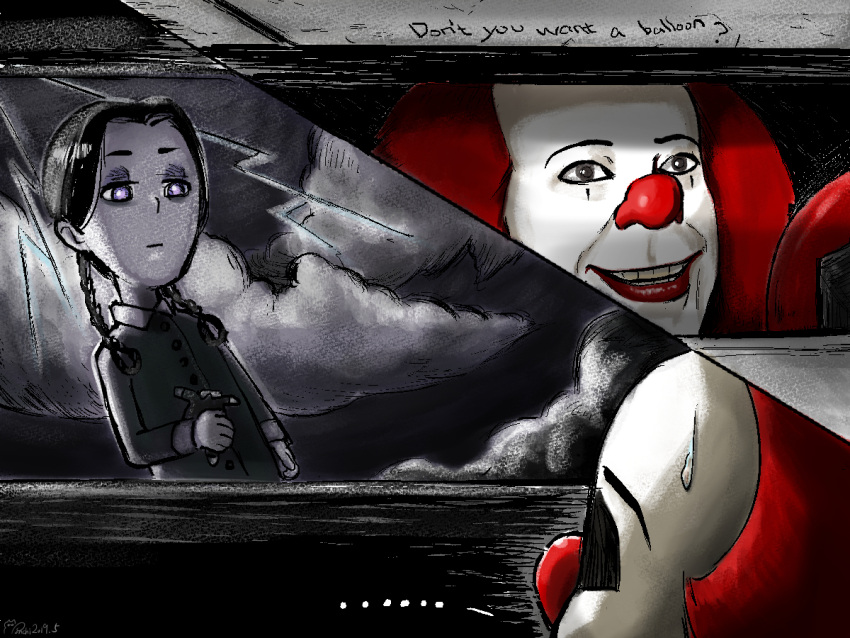 1boy 1girl 2019 addams_family balloon black_hair blank_stare braid clouds cloudy_sky clown dark glowing glowing_eyes grin it_(stephen_king) lightning_bolt_symbol long_sleeves looking_down outdoors pennywise ponchi-ponchi red_nose redhead signature sky smile stuffed_toy sweatdrop teeth twin_braids wednesday_addams