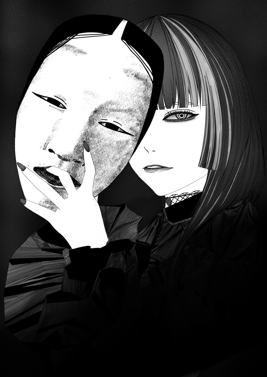 1girl absurdres black_dress black_hair black_nails blunt_bangs choker dress frilled_dress frilled_sleeves frills gothic_lolita grey_hair greyscale highres holding holding_mask hololive juufuutei_raden lace lace-trimmed_choker lace_choker lace_trim lipstick lolita_fashion long_hair looking_at_viewer makeup mask monochrome multicolored_hair nail_polish no_latte noh_mask realistic sidelocks solo streaked_hair virtual_youtuber