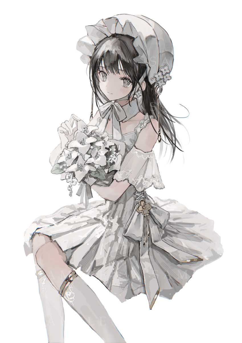 1girl absurdres alternate_costume black_hair blush bonnet bouquet bow bride c-ms_(girls'_frontline) chin_strap collarbone commission detached_sleeves dot_nose dress elbow_gloves eyebrows_hidden_by_hair flower frilled_bonnet frilled_dress frills girls_frontline gloves grey_eyes highres holding holding_bouquet kumagai_yuka long_hair looking_at_viewer ribbon sample_watermark see-through see-through_sleeves smile solo thigh-highs watermark wedding_dress white_background white_bow white_dress white_flower white_gloves white_headwear white_ribbon white_theme white_thighhighs