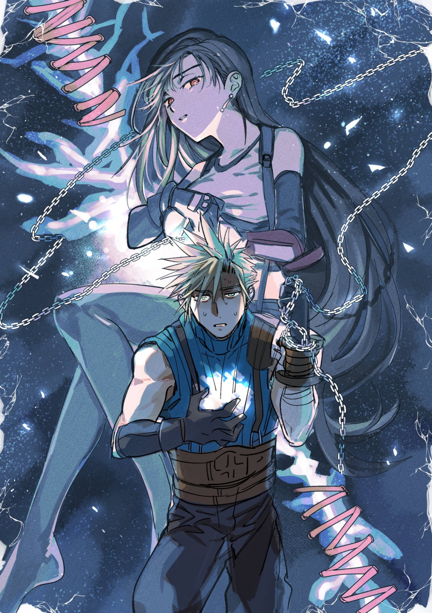 1boy 1girl armor baggy_pants bare_shoulders black_gloves black_hair black_skirt black_thighhighs blonde_hair blue_eyes chain cloud_strife commentary_request crop_top earrings elbow_gloves feet_out_of_frame final_fantasy final_fantasy_vii final_fantasy_vii_rebirth final_fantasy_vii_remake gloves hand_on_own_chest highres holding holding_chain jewelry light_particles long_hair looking_at_viewer mrg2by pants parted_lips red_eyes ribbed_sweater short_hair shoulder_armor single_bare_shoulder single_earring skirt sleeveless sleeveless_turtleneck spiky_hair suspender_skirt suspenders sweatdrop sweater tank_top thigh-highs tifa_lockhart turtleneck turtleneck_sweater very_long_hair white_tank_top