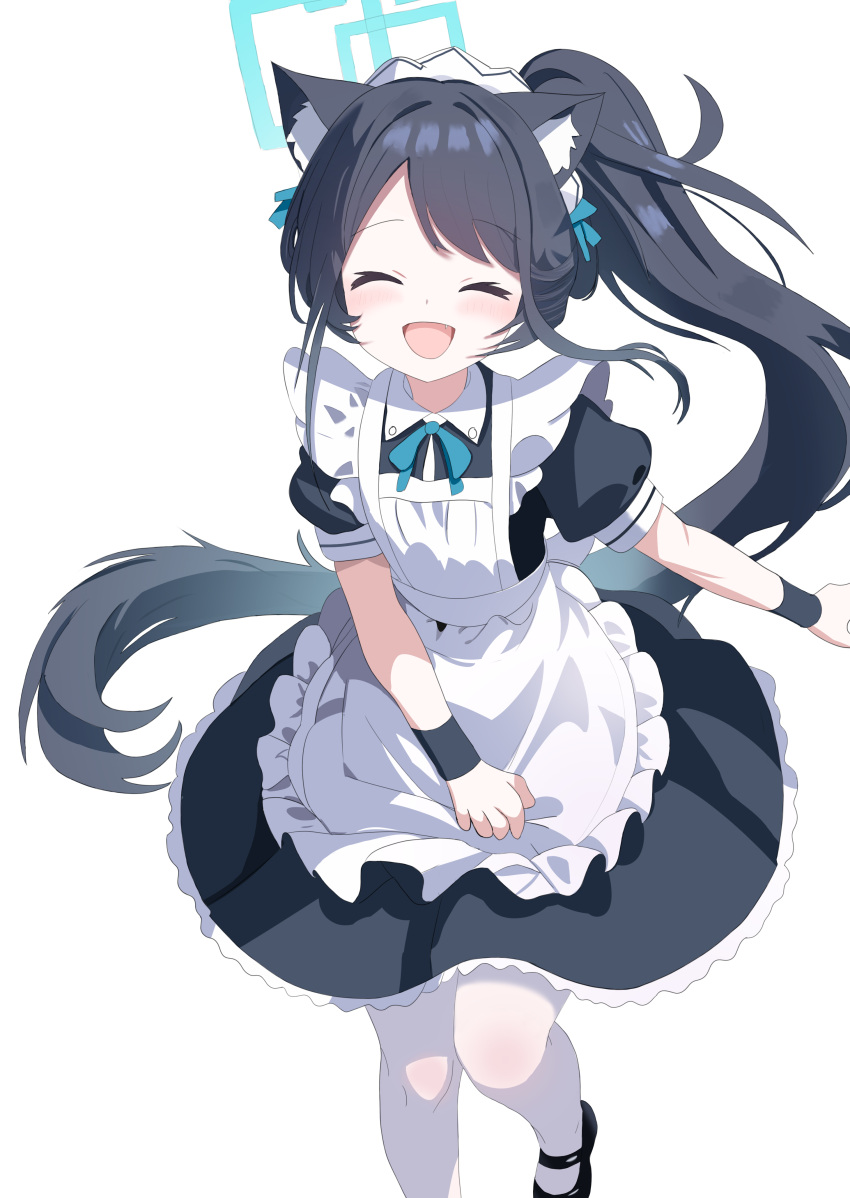 1girl :d ^_^ absurdres animal_ear_fluff animal_ears apron aris_(blue_archive) aris_(maid)_(blue_archive) black_dress black_footwear black_hair black_wrist_cuffs blue_archive blue_halo blue_ribbon blush cat_ears closed_eyes darmine dress english_commentary frilled_apron frills halo high_ponytail highres long_hair looking_at_viewer maid maid_apron maid_headdress mary_janes neck_ribbon official_alternate_costume pantyhose ponytail puffy_short_sleeves puffy_sleeves ribbon shoes short_sleeves simple_background smile solo swept_bangs very_long_hair white_background white_pantyhose wrist_cuffs