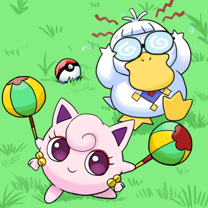 2others beak bird chui_(weapon) coke-bottle_glasses colored_skin cosplay duck feathers glasses hair_ornament hands_on_own_head holding holding_weapon jigglypuff jigglypuff_(cosplay) mousse_(ranma_1/2) multiple_others on_grass pink_skin poke_ball pokemon psychic_(pokemon_move) psyduck psyduck_(cosplay) ranma_1/2 shampoo_(ranma_1/2) smile tail violet_eyes wanta_(futoshi) weapon white_feathers
