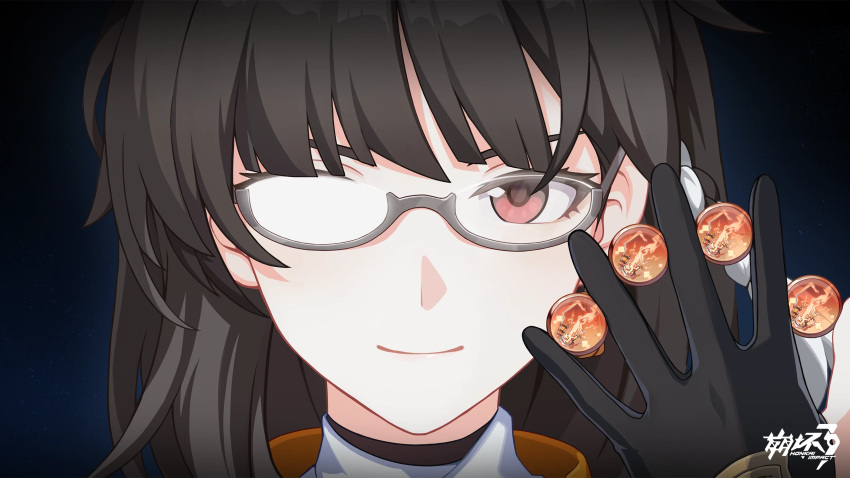 1girl black_background black_gloves black_hair close-up closed_mouth coin copyright_name entropy_(honkai_impact_3rd) female_dreamseeker_(honkai_impact) glasses gloves highres honkai_(series) honkai_impact_3rd logo official_art red_eyes second-party_source smile