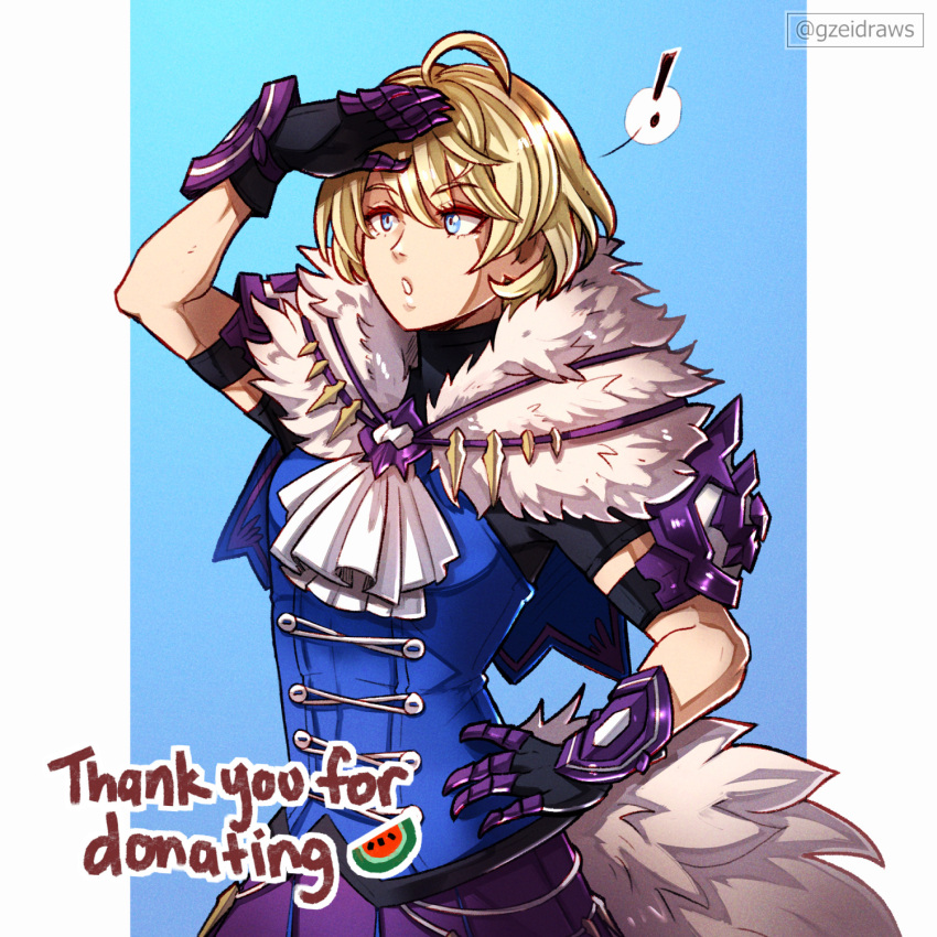 ! 1girl ahoge arm_up ascot black_gloves blonde_hair blue_eyes blue_shirt commentary fake_tail fire_emblem fire_emblem_engage gloves gzei highres merrin_(fire_emblem) purple_skirt shirt short_hair skirt solo tail upper_body white_ascot wolf_tail