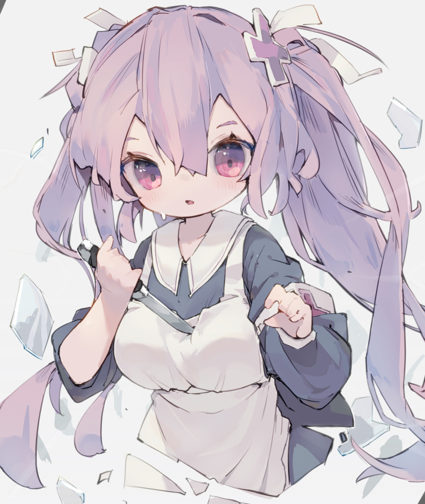 1girl absurdres apron armband blush breasts collared_shirt dress expressionless hair_between_eyes hair_ornament highres holding holding_knife knife light_blush long_hair long_sleeves looking_at_viewer maid_apron maid_headdress medium_breasts multicolored_eyes nep_(nep_76) open_mouth original pink_eyes purple_hair red_eyes shirt simple_background solo twintails upper_body very_long_hair white_apron