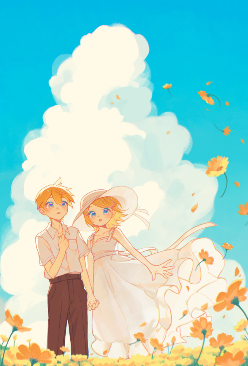 1boy 1girl absurdres ahoge bare_arms bare_shoulders blonde_hair blue_eyes blue_sky breasts brown_pants clouds collarbone collared_shirt dress eob field flower flower_field frilled_dress frills hair_ornament hair_ribbon hairclip hand_on_own_chest hat highres holding_hands kagamine_len kagamine_rin medium_hair open_mouth pants petals ribbon shirt short_hair short_sleeves sky small_breasts solo sun_hat sundress surprised swept_bangs vocaloid white_dress white_hat white_shirt wind yellow_flower