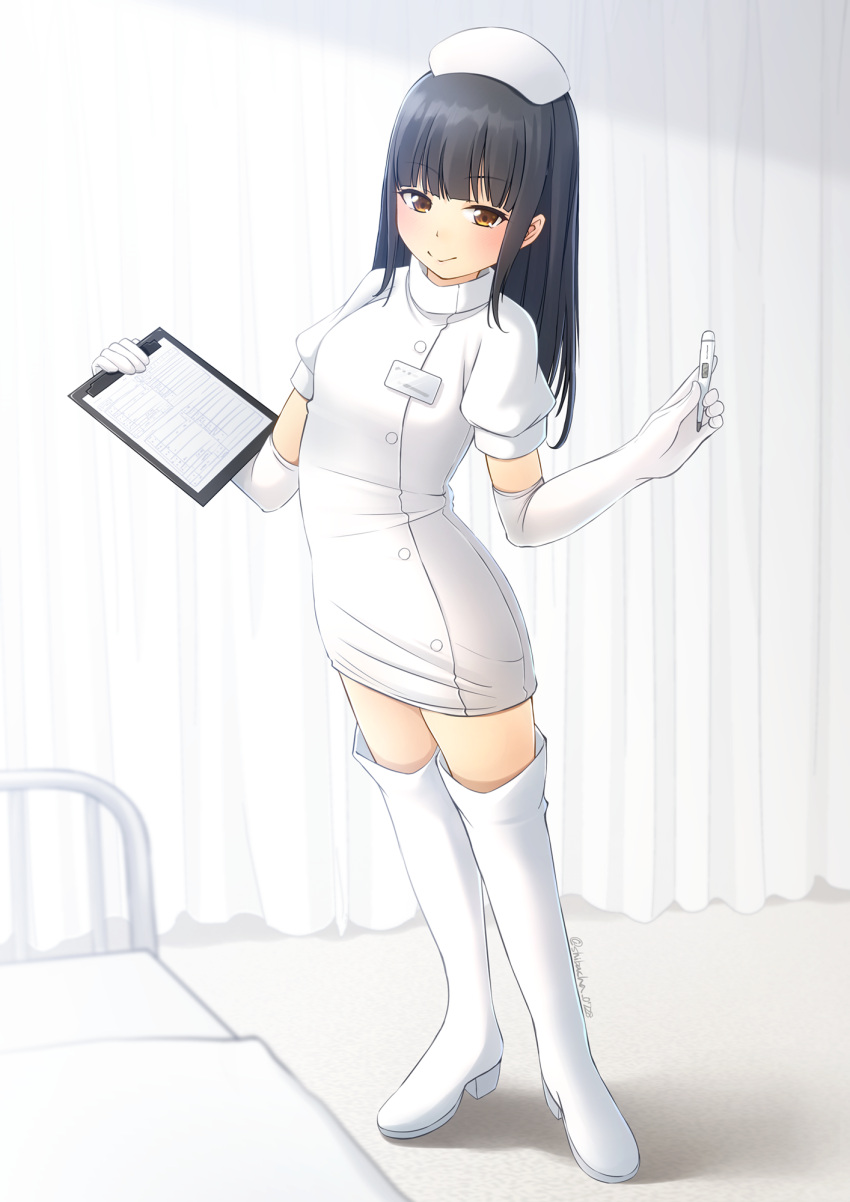 1girl bed black_hair boots brown_eyes clipboard commentary_request commission curtains digital_thermometer dress elbow_gloves flat_chest full_body gloves hat highres long_hair nurse nurse_cap original pixiv_commission shibacha solo standing thermometer thigh_boots white_dress white_footwear white_gloves white_hat