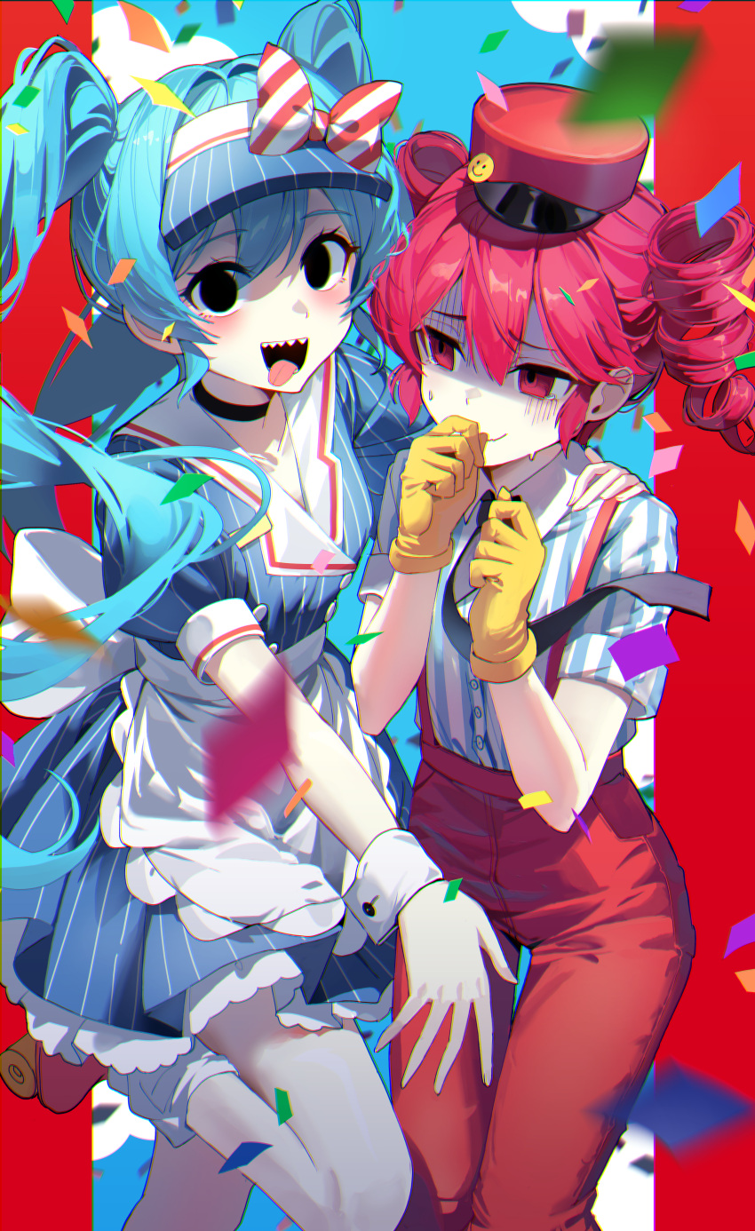 2girls absurdres apron black_eyes black_necktie blue_dress blue_hair blue_sky border commentary confetti dress drill_hair empty_eyes feet_out_of_frame gloves hatsune_miku highres hya_ro kasane_teto looking_at_another mesmerizer_(vocaloid) multiple_girls necktie open_mouth pants red_eyes red_pants redhead roller_skates shaded_face sharp_teeth shirt skates sky smile socks striped_clothes striped_dress striped_shirt suspenders sweat teeth tongue twin_drills utau visor_cap vocaloid waist_apron white_apron white_socks white_wrist_cuffs wrist_cuffs yellow_gloves