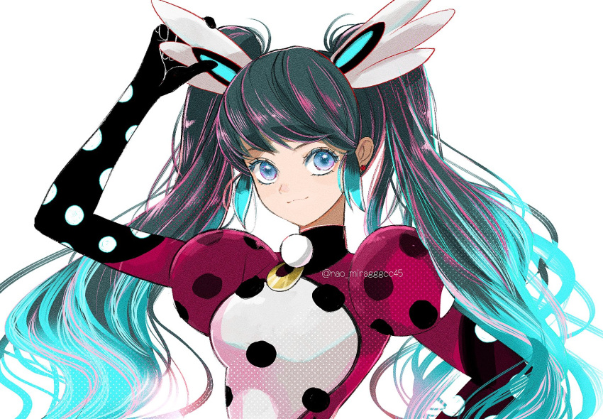 1girl blue_eyes blue_hair bodysuit closed_mouth earrings head_wings highres jewelry long_hair looking_at_another marinette_dupain-cheng miraculous_ladybug pennybug_(character) pink_bodysuit seio_(nao_miragggcc45) simple_background smile solo superhero_costume twintails upper_body white_background wings