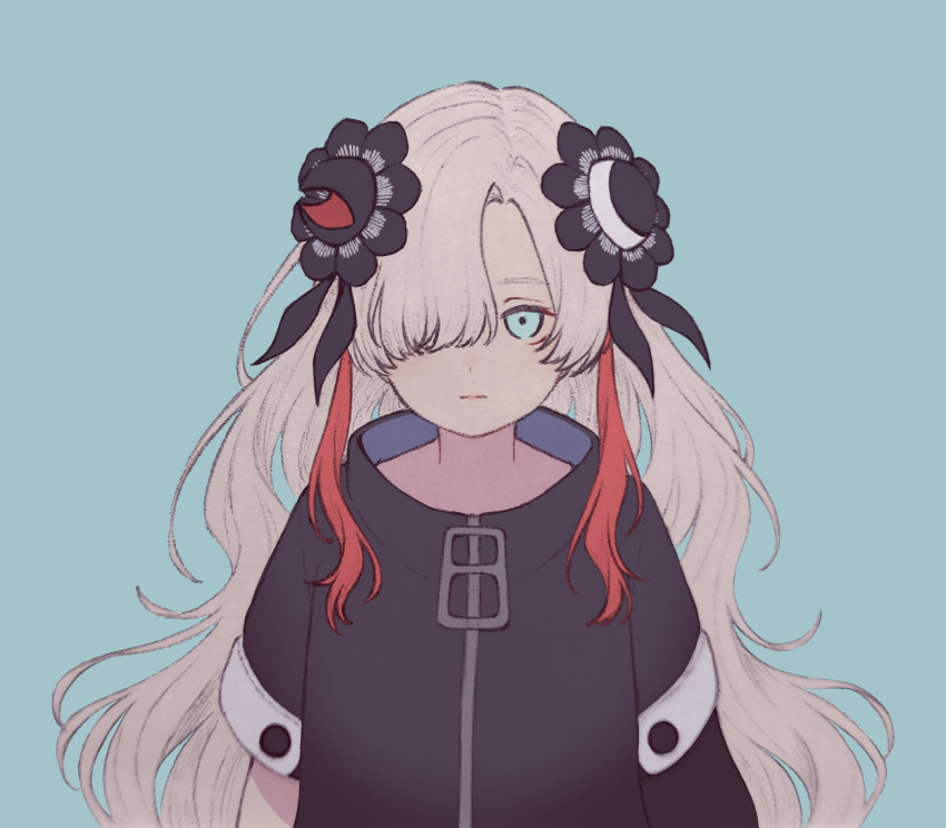 1girl arms_at_sides asymmetrical_sleeves black_flower blue_background blue_eyes closed_mouth coat commentary_request expressionless flower grey_hair hair_flower hair_ornament hair_over_one_eye high_collar highres isekai_joucho kamitsubaki_studio karakai_13 long_hair looking_at_viewer multicolored_hair one_eye_covered redhead simple_background solo straight-on streaked_hair uneven_sleeves upper_body virtual_youtuber wavy_hair white_coat zipper_pull_tab