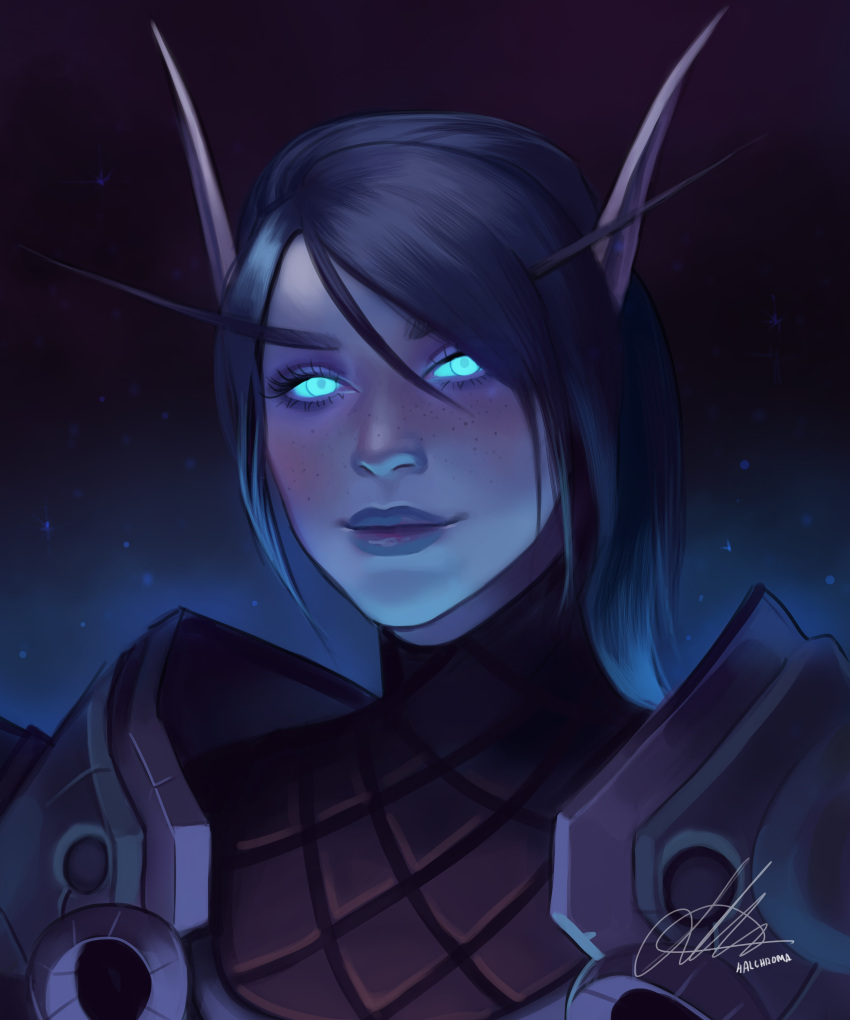 1girl absurdres armor artist_name black_hair blue_eyes blue_light commission dark_background eyeshadow glowing glowing_eyes halchroma highres horns light_smile lips looking_at_viewer makeup melrine_evershield nose parted_lips portrait short_hair shoulder_armor signature solo warcraft world_of_warcraft