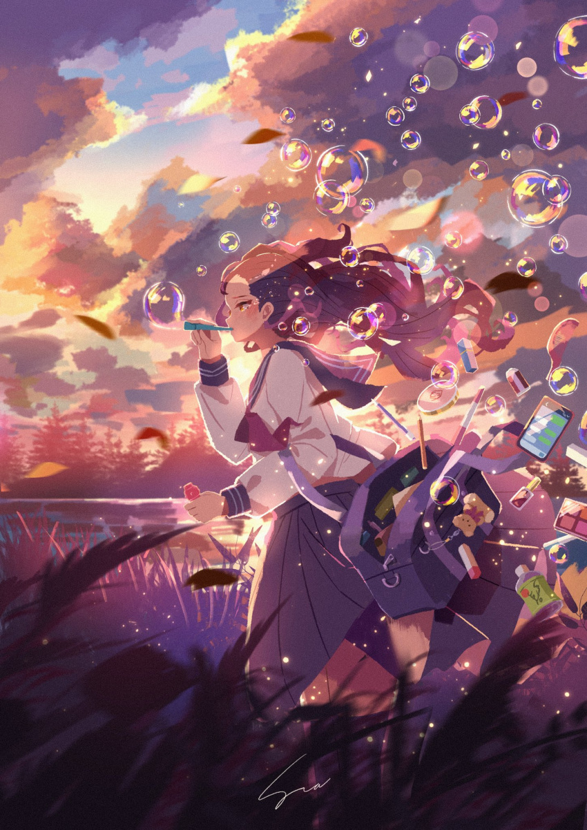1girl atelier_umiyury bag blowing_bubbles blue_sailor_collar blue_skirt blush brown_hair bubble cellphone clouds cloudy_sky commentary cosmetics eraser from_side grass highres holding long_hair long_sleeves neckerchief open_bag original outdoors pencil phone pleated_skirt red_neckerchief running sad sailor_collar school_bag school_uniform serafuku signature skirt sky solo sunset tears water wind