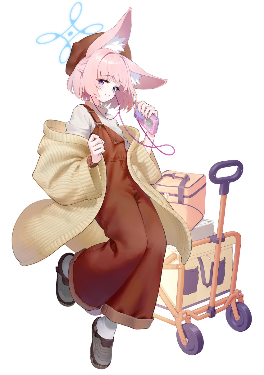 1girl alternate_costume animal_ear_fluff animal_ears beret blue_archive brown_hat brown_overalls cheenack digital_media_player fox_ears full_body grey_footwear hat highres jacket long_sleeves looking_at_viewer niko_(blue_archive) open_clothes open_jacket open_mouth overalls pink_hair shirt shoes short_hair simple_background smile solo violet_eyes white_background white_shirt yellow_jacket