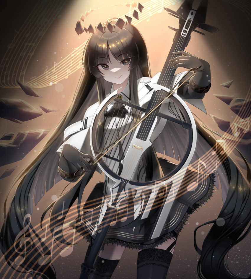 1girl arknights ascot black_ascot black_garter_straps black_gloves black_hair black_skirt black_thighhighs bow_(music) broken_halo brown_eyes brown_hair brown_halo brown_wings cello closed_mouth collared_jacket colored_inner_hair commentary contrapposto cowboy_shot dark_halo detached_wings diamond-shaped_pupils diamond_(shape) energy_wings eyelashes garter_straps gloves halo hands_up highres holding holding_bow_(music) holding_instrument instrument jacket lace-trimmed_skirt lace_trim layered_sleeves light_particles long_sleeves looking_at_viewer miniskirt mole mole_under_eye multicolored_hair music musical_note playing_instrument rinzy short-sleeved_jacket short_over_long_sleeves short_sleeves skirt smile solo spotlight staff_(music) standing strap symbol-shaped_pupils thigh-highs two-tone_hair variant_set virtuosa_(arknights) white_jacket wide_sleeves wing_collar wings yellow_pupils