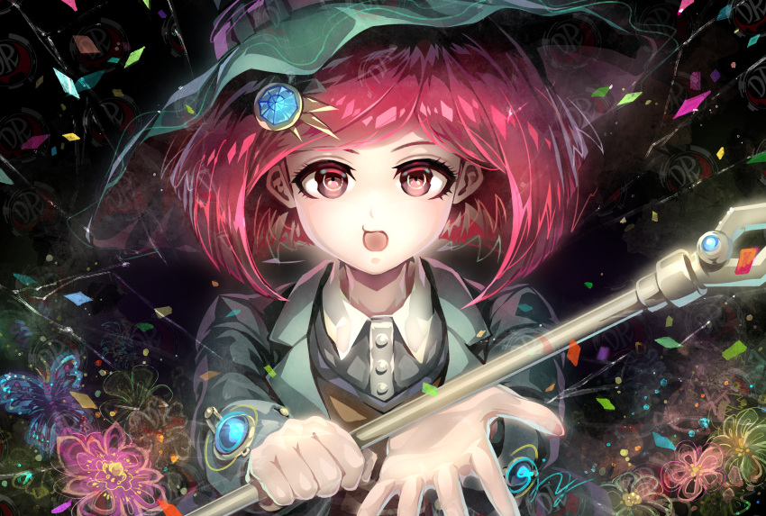 1girl :o black_background brown_vest bug butterfly collared_shirt danganronpa_(series) danganronpa_v3:_killing_harmony dress_shirt flower green_hat grey_shirt hair_ornament hat highres holding holding_staff jacket long_sleeves looking_at_viewer pink_flower red_eyes redhead shirt short_hair skirt solo staff vest witch_hat youko-shima yumeno_himiko