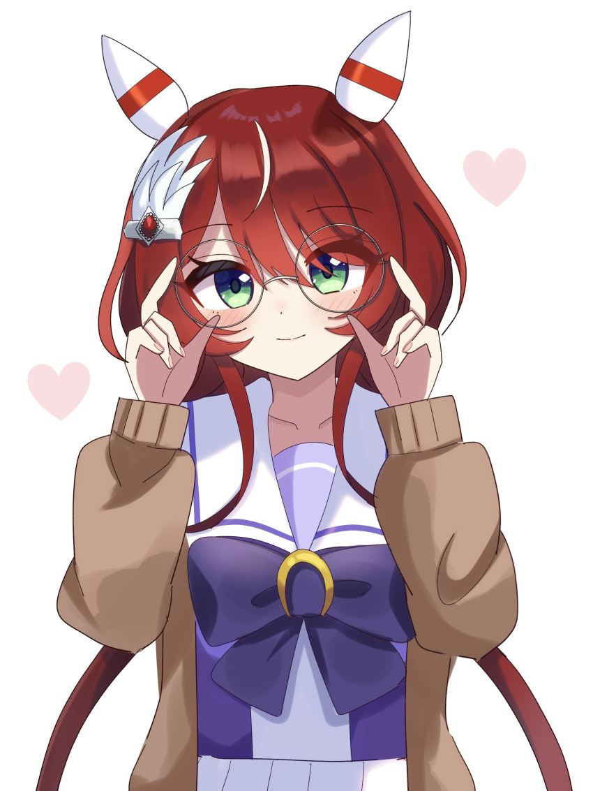 1girl absurdres adjusting_eyewear animal_ears bespectacled blush cardigan closed_mouth glasses green_eyes hair_ornament heart highres horse_ears horse_girl long_hair looking_at_viewer low_twintails melonpan_(d_5536) open_cardigan open_clothes redhead smile twintails umamusume white_background win_variation_(umamusume)