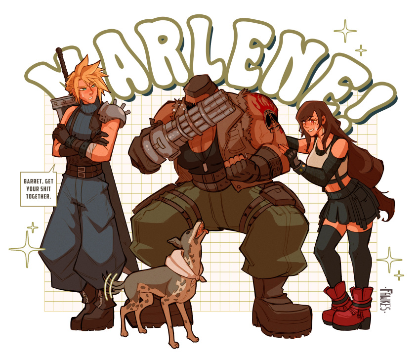 1girl 2boys absurdres arm_tattoo barret_wallace biceps black_hair blonde_hair boots buster_sword cloud_strife crop_top crossed_arms crying dark-skinned_male dark_skin dog english_text fawkesart final_fantasy final_fantasy_vii final_fantasy_vii_rebirth final_fantasy_vii_remake highres multiple_boys red_footwear skirt speech_bubble suspender_skirt suspenders sword sword_on_back tank_top tattoo thigh-highs tifa_lockhart weapon weapon_on_back