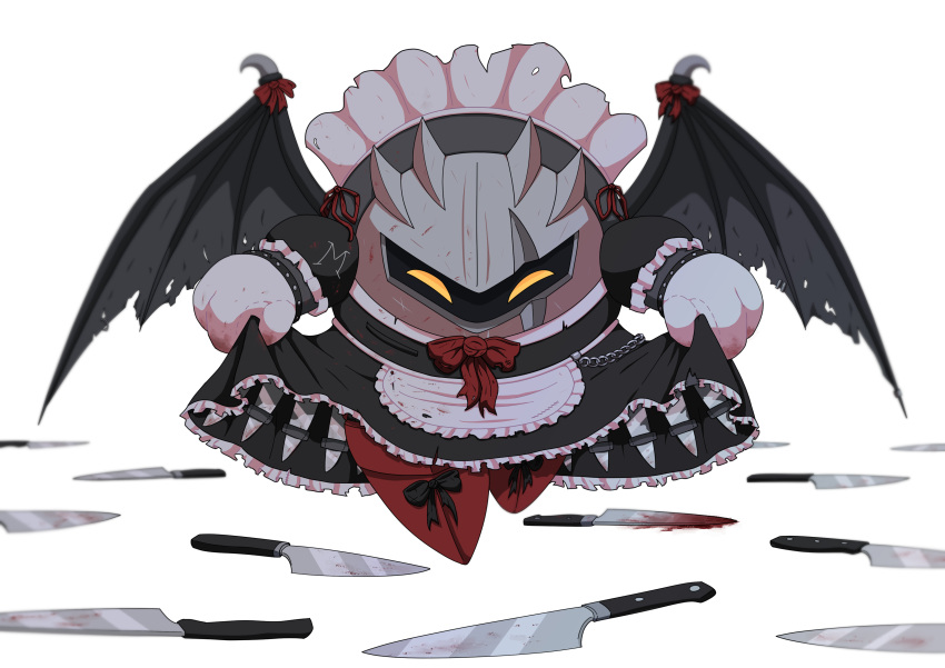 absurdres alternate_costume apron bat_wings blood blood_on_clothes blood_on_knife dark_meta_knight highres kirby_(series) knife maid maid_apron maid_headdress mask no_humans scar shibulio simple_background too_many too_many_knives torn_wings white_background wings yellow_eyes