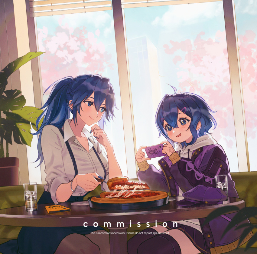 2girls adapted_costume alternate_universe blue_hair chicago_deep_dish_pizza coat contemporary english_commentary eyes_of_grima fire_emblem fire_emblem_awakening food hood hoodie lucina_(fire_emblem) morgan_(female)_(fire_emblem) morgan_(fire_emblem) multiple_girls pizza plant ponytail siblings sisters skirt smile sumustard suspender_skirt suspenders symbol-shaped_pupils table thigh-highs window
