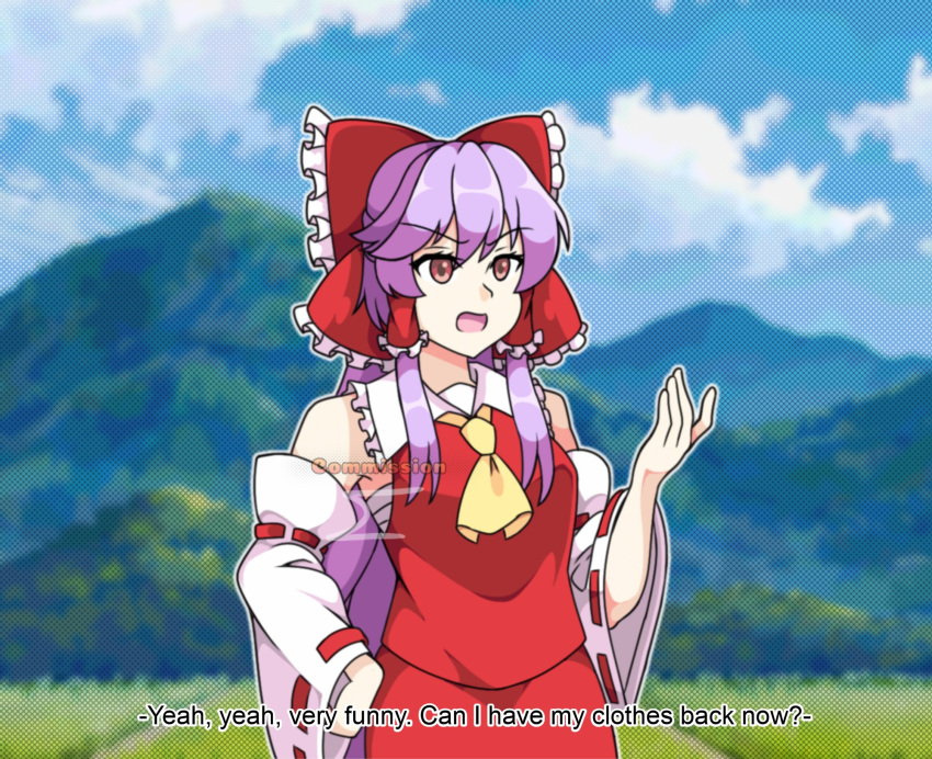 1girl ascot bow brown_eyes chest_sarashi commentary commission cosplay detached_sleeves english_commentary english_text grass hair_bow hakurei_reimu hakurei_reimu_(cosplay) hand_on_own_hip highres long_hair meimu mountain neferkitty open_mouth purple_hair red_skirt ribbon-trimmed_sleeves ribbon_trim sarashi signature skirt skirt_set solo subtitled touhou upper_body watermark yellow_ascot