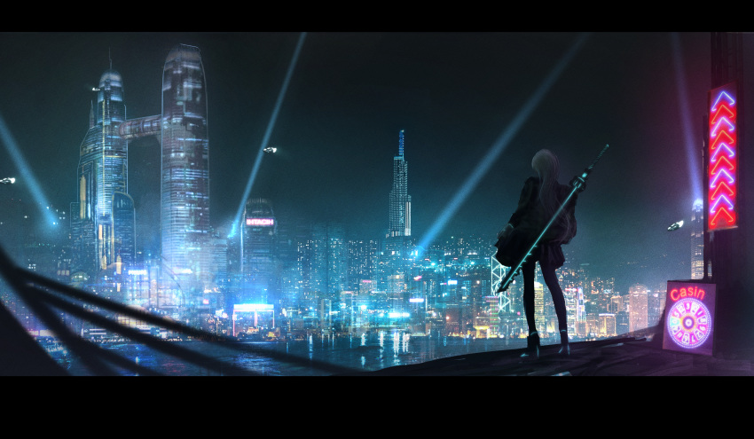 1other absurdres aircraft airship bank_of_china_tower building city city_lights cityscape highres hong_kong letterboxed neon_lights night night_sky original outdoors real_world_location river scenery sky skyline skyscraper solo soraciel standing sword sword_behind_back weapon