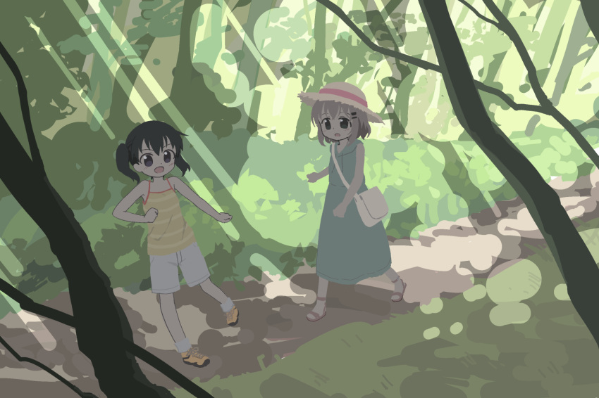 2girls :d bag bare_arms bare_shoulders black_hair blush brown_footwear brown_hat camisole commission day drawstring dress green_dress grey_eyes hair_ornament hairclip hat highres hood hood_down hooded_dress kibisake kuraue_hinata multiple_girls nature outdoors path sandals shoes shorts shoulder_bag skeb_commission sleeveless sleeveless_dress smile socks straw_hat striped_camisole twintails v-shaped_eyebrows violet_eyes white_shorts white_socks yama_no_susume yellow_camisole yukimura_aoi