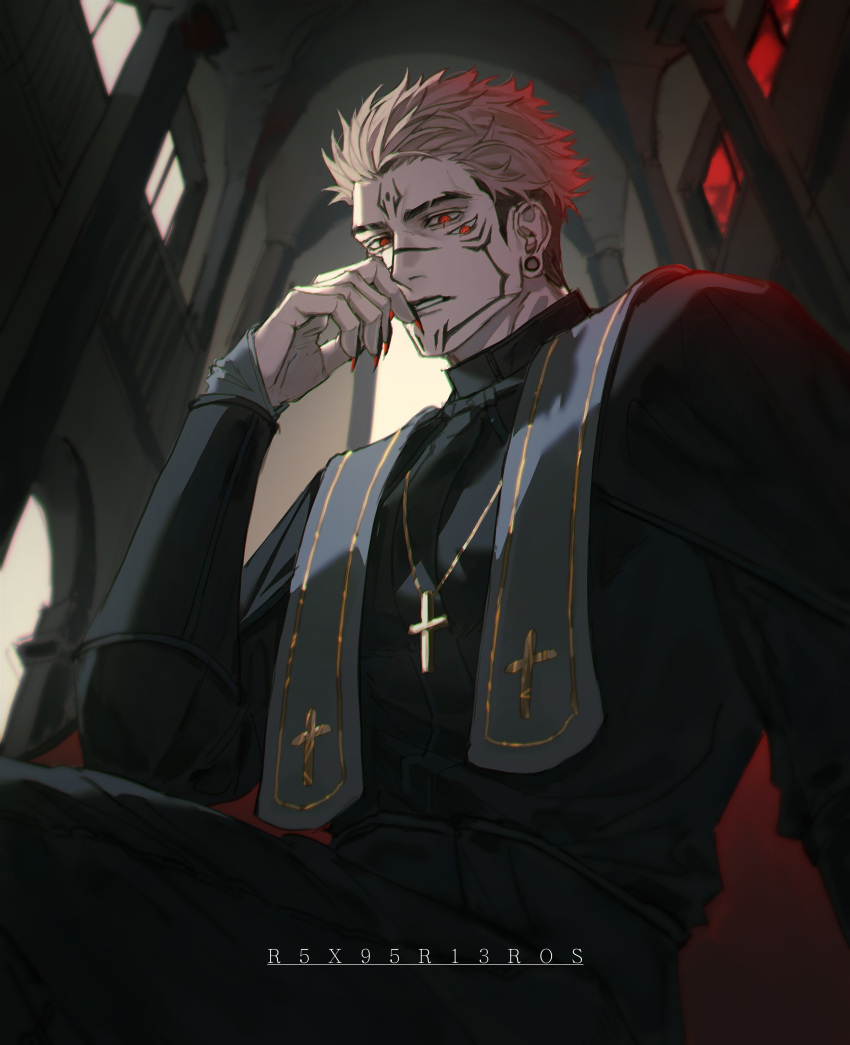 1boy absurdres artist_name church cowboy_shot cross cross_necklace ear_piercing expressionless facial_tattoo fingernails forehead_tattoo hand_on_own_face highres indoors jewelry jujutsu_kaisen male_focus necklace parted_lips piercing pink_hair priest r5x95r13ros red_eyes red_nails ryoumen_sukuna_(jujutsu_kaisen) sharp_fingernails short_hair sitting solo tattoo teeth undercut window_shadow