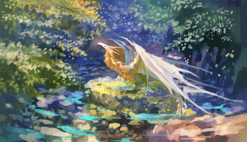 animal_focus closed_eyes day dragon foliage from_side no_humans no_lineart original outdoors painterly rock sakaya313 scenery solo tail water western_dragon wide_shot wings wyvern