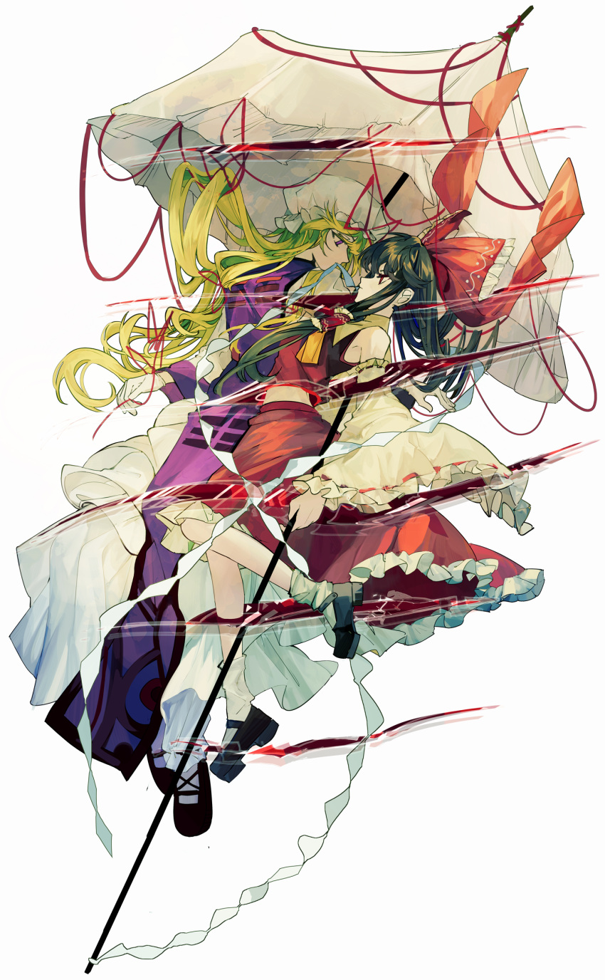 1girl absurdres bare_shoulders black_footwear black_hair blonde_hair bow closed_mouth commentary_request detached_sleeves dress face-to-face frilled_bow frilled_hair_tubes frilled_skirt frilled_sleeves frills full_body gap_(touhou) gloves gohei hair_bow hair_tubes hakurei_reimu hat highres holding holding_gohei long_hair looking_at_another mary_janes mob_cap mouth_hold parasol purple_tabard red_bow red_eyes red_skirt red_vest ribbon ribbon-trimmed_sleeves ribbon_in_mouth ribbon_trim shide shoes simple_background skirt socks solo tabard touhou umbrella very_long_hair vest violet_eyes white_background white_dress white_gloves white_sleeves white_socks wide_sleeves xian_qishui yakumo_yukari yuri